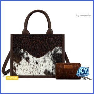 Genuine Hair-On Cowhide Floral Tooled Tote Bag